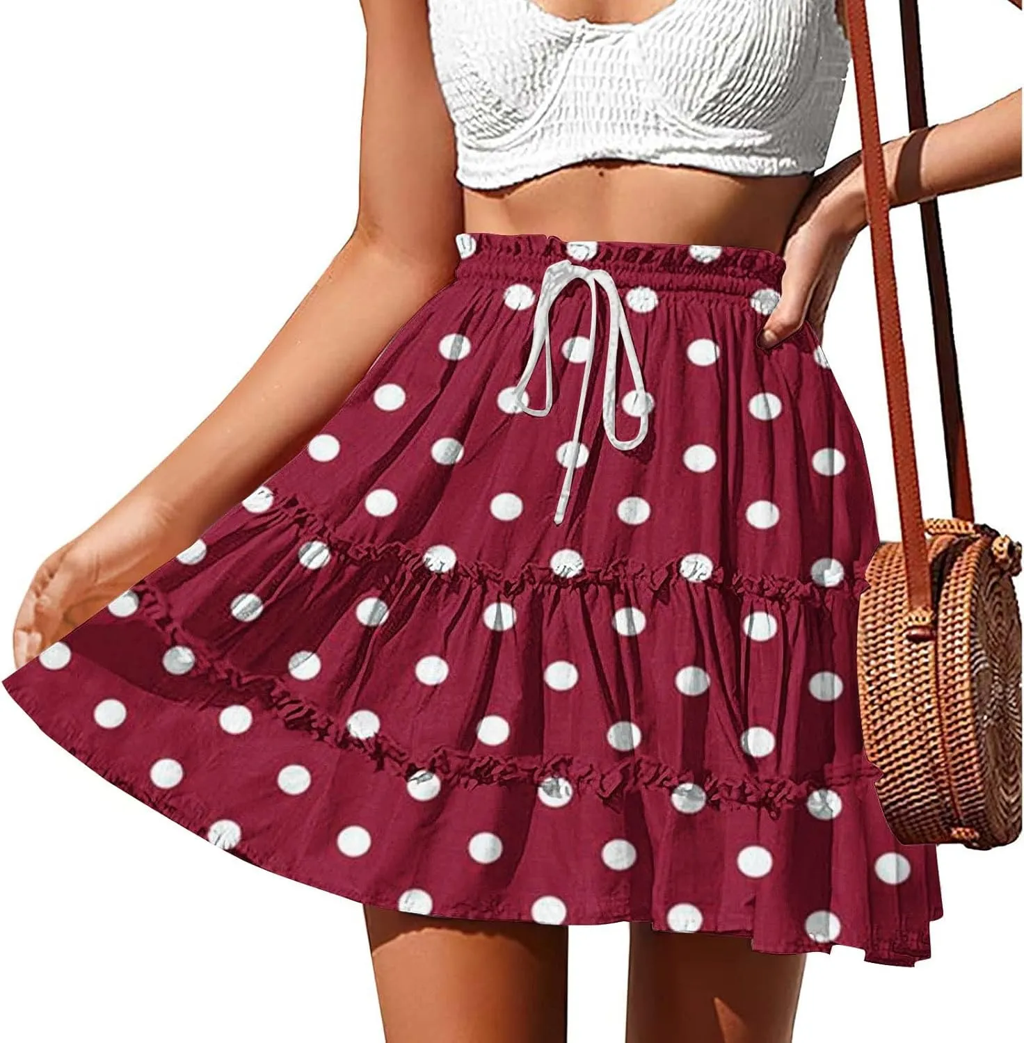 Women's 2025 Summer Polka Dot Mini Skirts High Waist Drawstring Tiered Ruffle Casual Beach Short Skirts