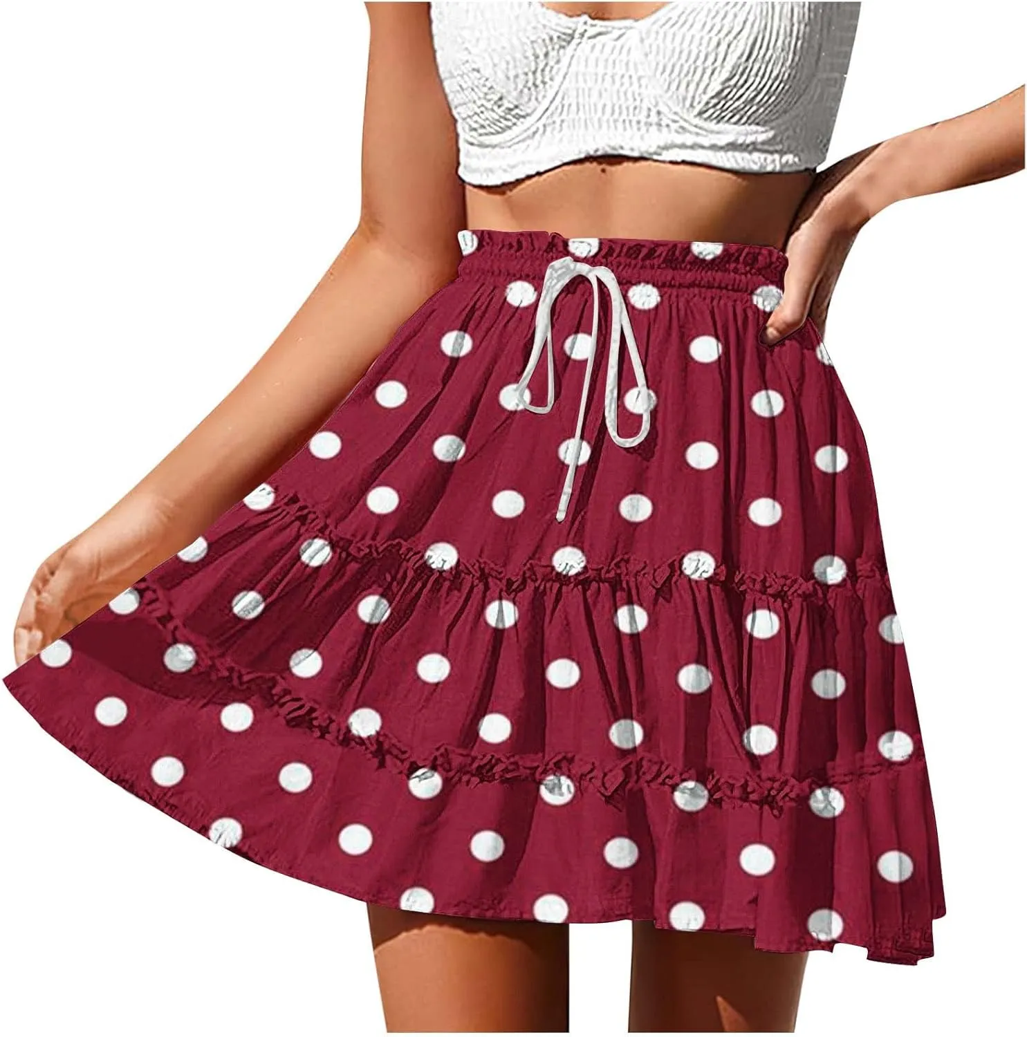Women's 2025 Summer Polka Dot Mini Skirts High Waist Drawstring Tiered Ruffle Casual Beach Short Skirts