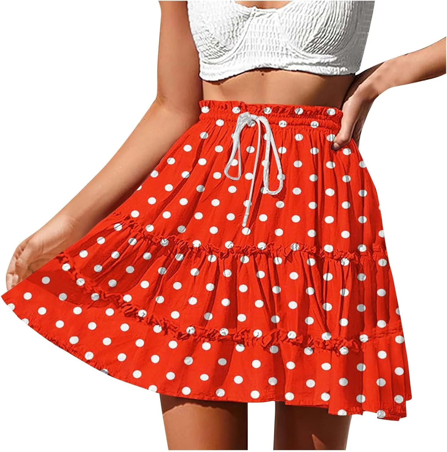 Women's 2025 Summer Polka Dot Mini Skirts High Waist Drawstring Tiered Ruffle Casual Beach Short Skirts