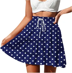 Women's 2025 Summer Polka Dot Mini Skirts High Waist Drawstring Tiered Ruffle Casual Beach Short Skirts