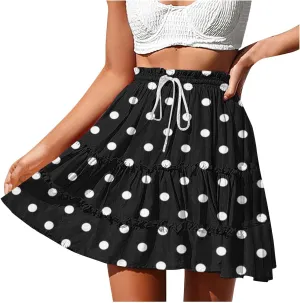 Women's 2025 Summer Polka Dot Mini Skirts High Waist Drawstring Tiered Ruffle Casual Beach Short Skirts
