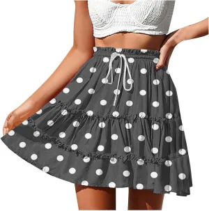 Women's 2025 Summer Polka Dot Mini Skirts High Waist Drawstring Tiered Ruffle Casual Beach Short Skirts