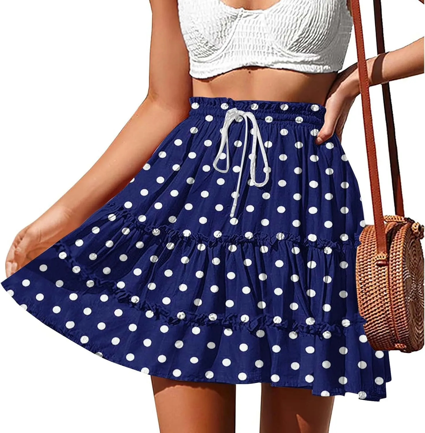 Women's 2025 Summer Polka Dot Mini Skirts High Waist Drawstring Tiered Ruffle Casual Beach Short Skirts