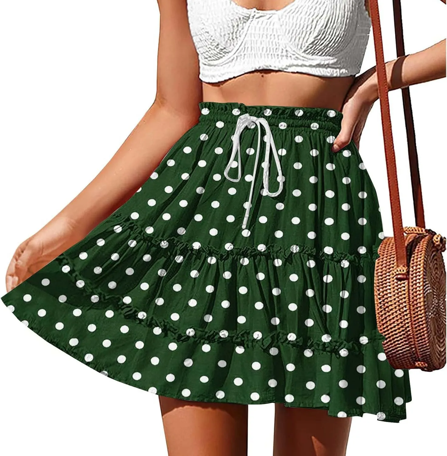 Women's 2025 Summer Polka Dot Mini Skirts High Waist Drawstring Tiered Ruffle Casual Beach Short Skirts
