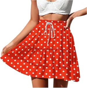 Women's 2025 Summer Polka Dot Mini Skirts High Waist Drawstring Tiered Ruffle Casual Beach Short Skirts