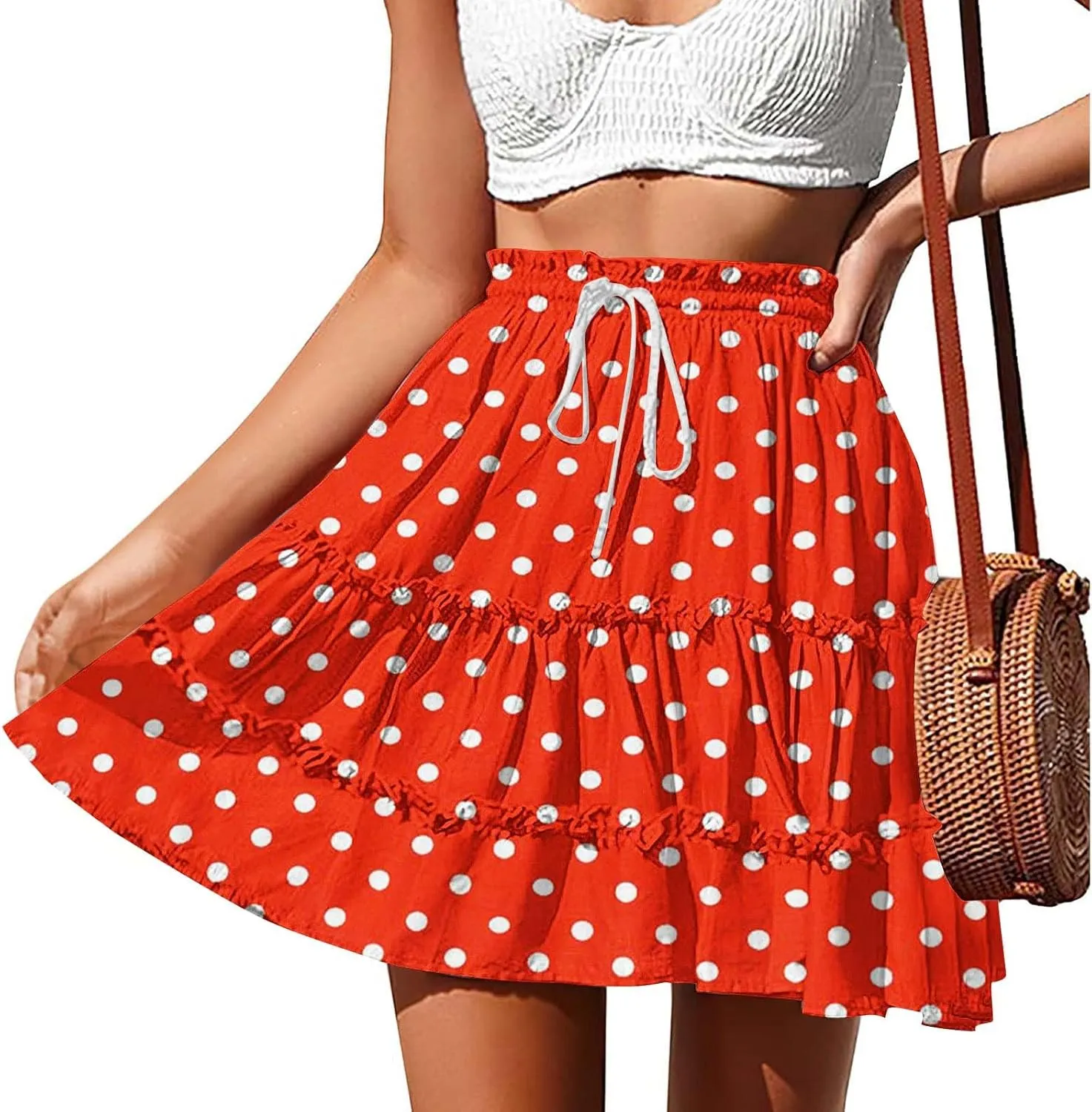 Women's 2025 Summer Polka Dot Mini Skirts High Waist Drawstring Tiered Ruffle Casual Beach Short Skirts