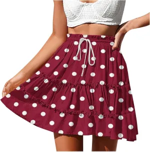 Women's 2025 Summer Polka Dot Mini Skirts High Waist Drawstring Tiered Ruffle Casual Beach Short Skirts