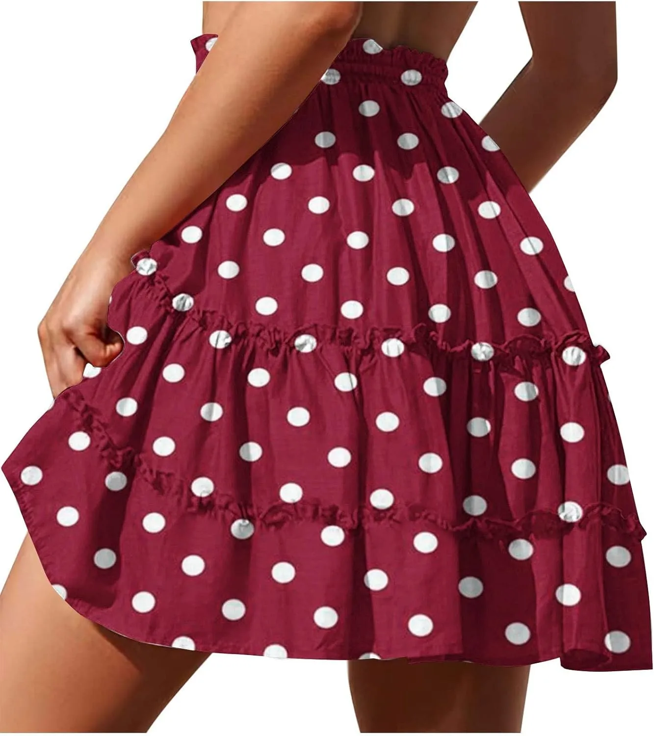 Women's 2025 Summer Polka Dot Mini Skirts High Waist Drawstring Tiered Ruffle Casual Beach Short Skirts