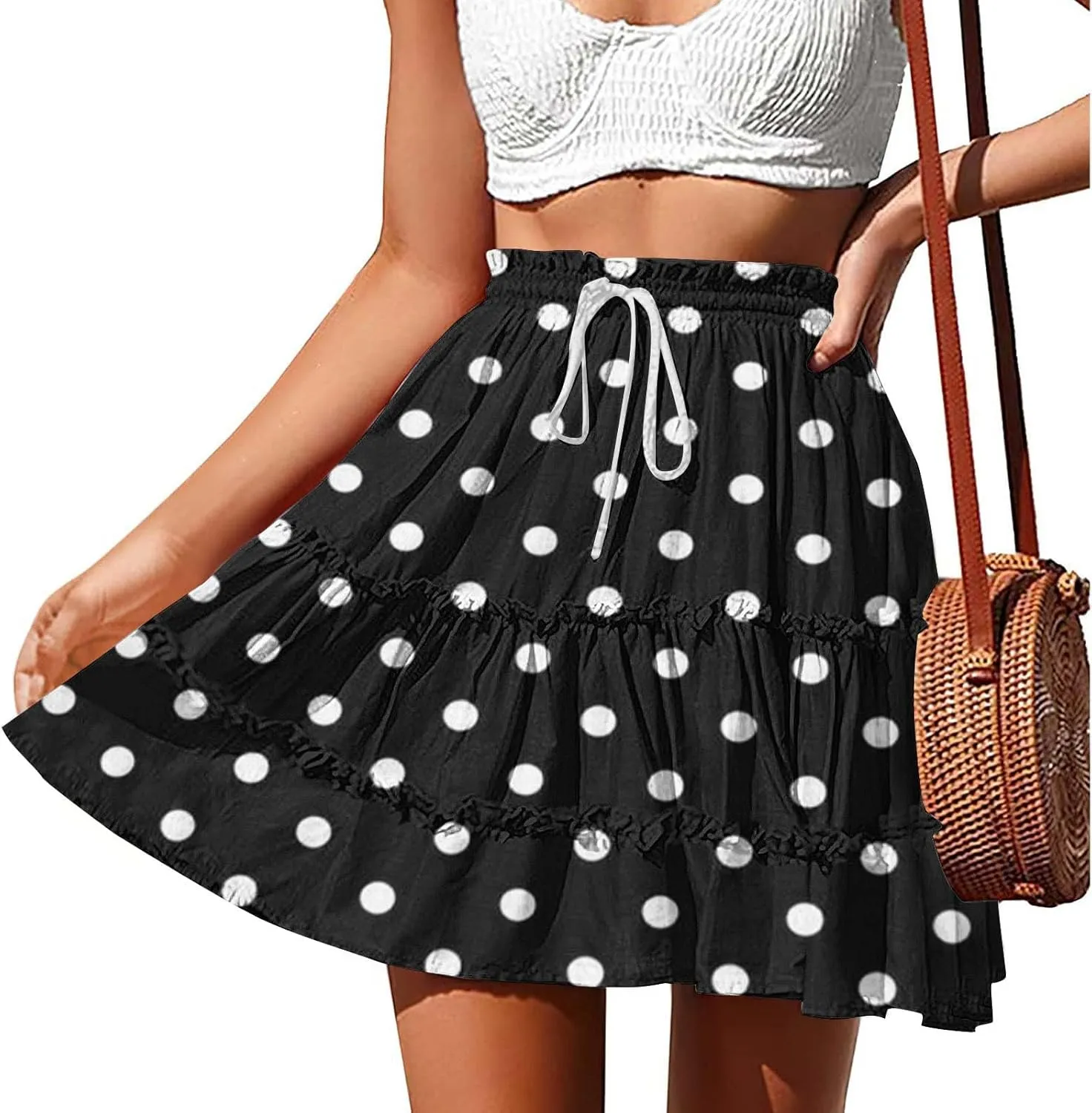 Women's 2025 Summer Polka Dot Mini Skirts High Waist Drawstring Tiered Ruffle Casual Beach Short Skirts