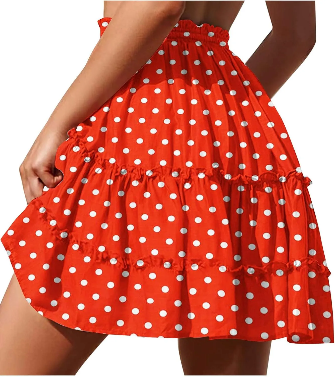Women's 2025 Summer Polka Dot Mini Skirts High Waist Drawstring Tiered Ruffle Casual Beach Short Skirts