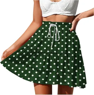 Women's 2025 Summer Polka Dot Mini Skirts High Waist Drawstring Tiered Ruffle Casual Beach Short Skirts