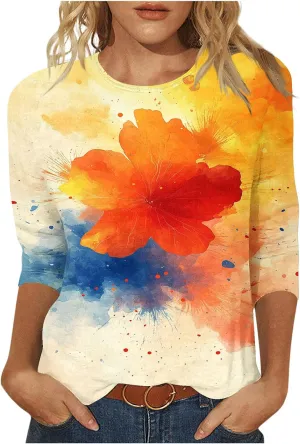 Womens 3/4 Sleeve Flower Floral T Shirts Crew Neck Fashion Casual Loose Fit Tops Ladies Work Blouse Tunic Tees Clothes