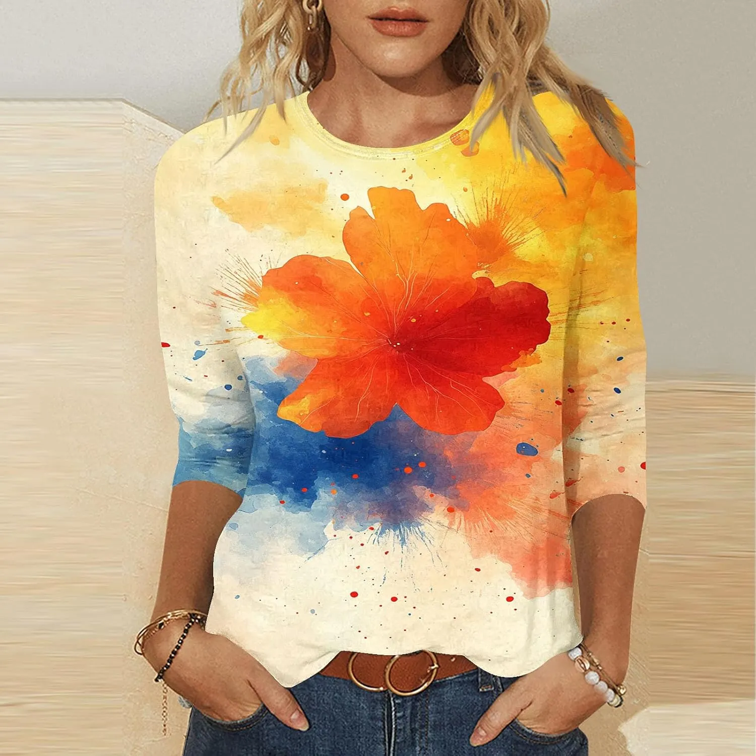 Womens 3/4 Sleeve Flower Floral T Shirts Crew Neck Fashion Casual Loose Fit Tops Ladies Work Blouse Tunic Tees Clothes