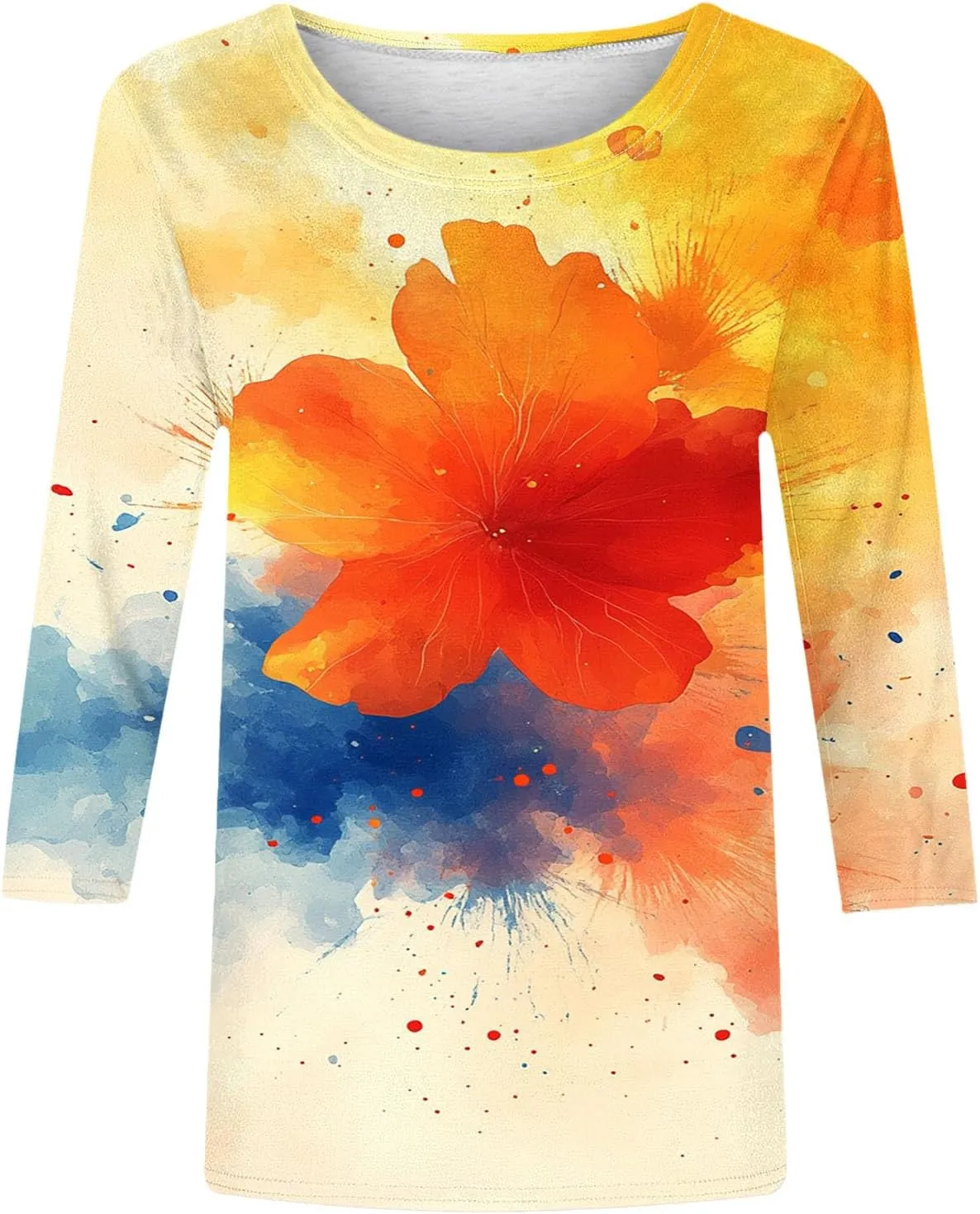 Womens 3/4 Sleeve Flower Floral T Shirts Crew Neck Fashion Casual Loose Fit Tops Ladies Work Blouse Tunic Tees Clothes