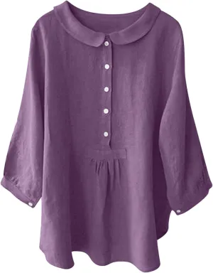 Womens 3/4 Sleeve Tops Button Down Crewneck Tunic Pullover Fashion Oversized Flowy Hem T-Shirts Cotton Linen Tees