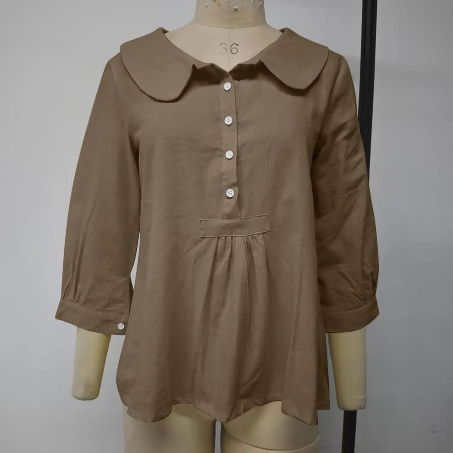Womens 3/4 Sleeve Tops Button Down Crewneck Tunic Pullover Fashion Oversized Flowy Hem T-Shirts Cotton Linen Tees