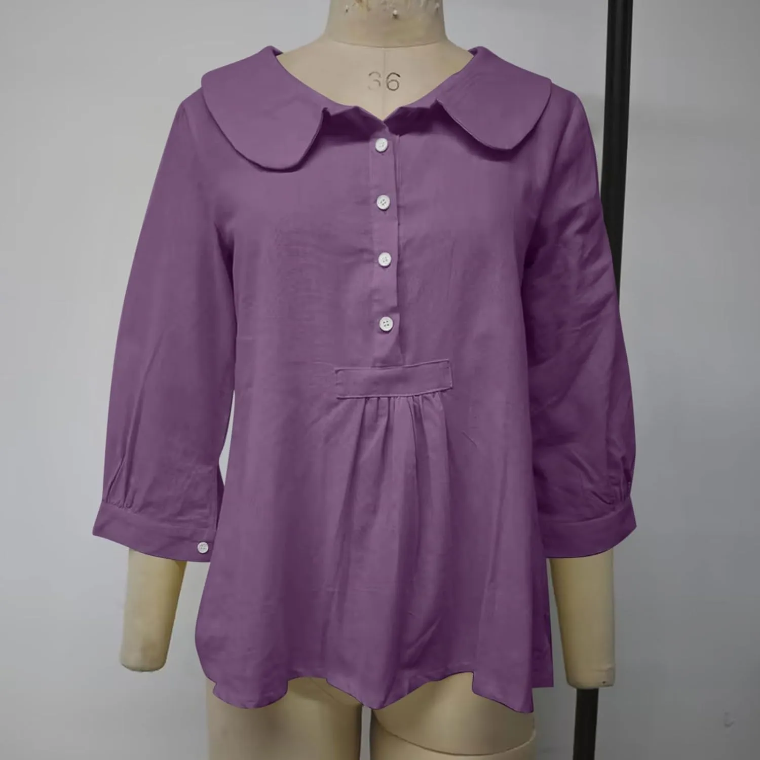 Womens 3/4 Sleeve Tops Button Down Crewneck Tunic Pullover Fashion Oversized Flowy Hem T-Shirts Cotton Linen Tees