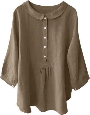 Womens 3/4 Sleeve Tops Button Down Crewneck Tunic Pullover Fashion Oversized Flowy Hem T-Shirts Cotton Linen Tees
