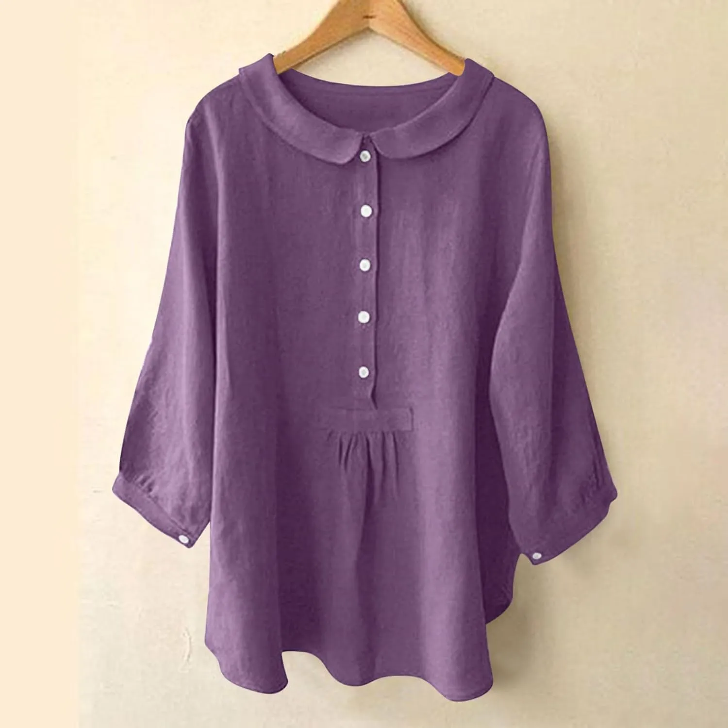 Womens 3/4 Sleeve Tops Button Down Crewneck Tunic Pullover Fashion Oversized Flowy Hem T-Shirts Cotton Linen Tees