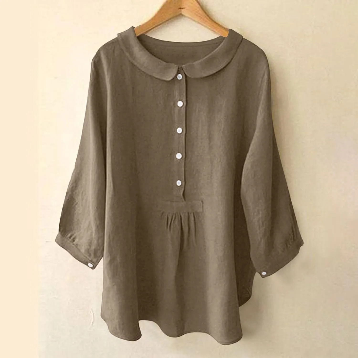 Womens 3/4 Sleeve Tops Button Down Crewneck Tunic Pullover Fashion Oversized Flowy Hem T-Shirts Cotton Linen Tees