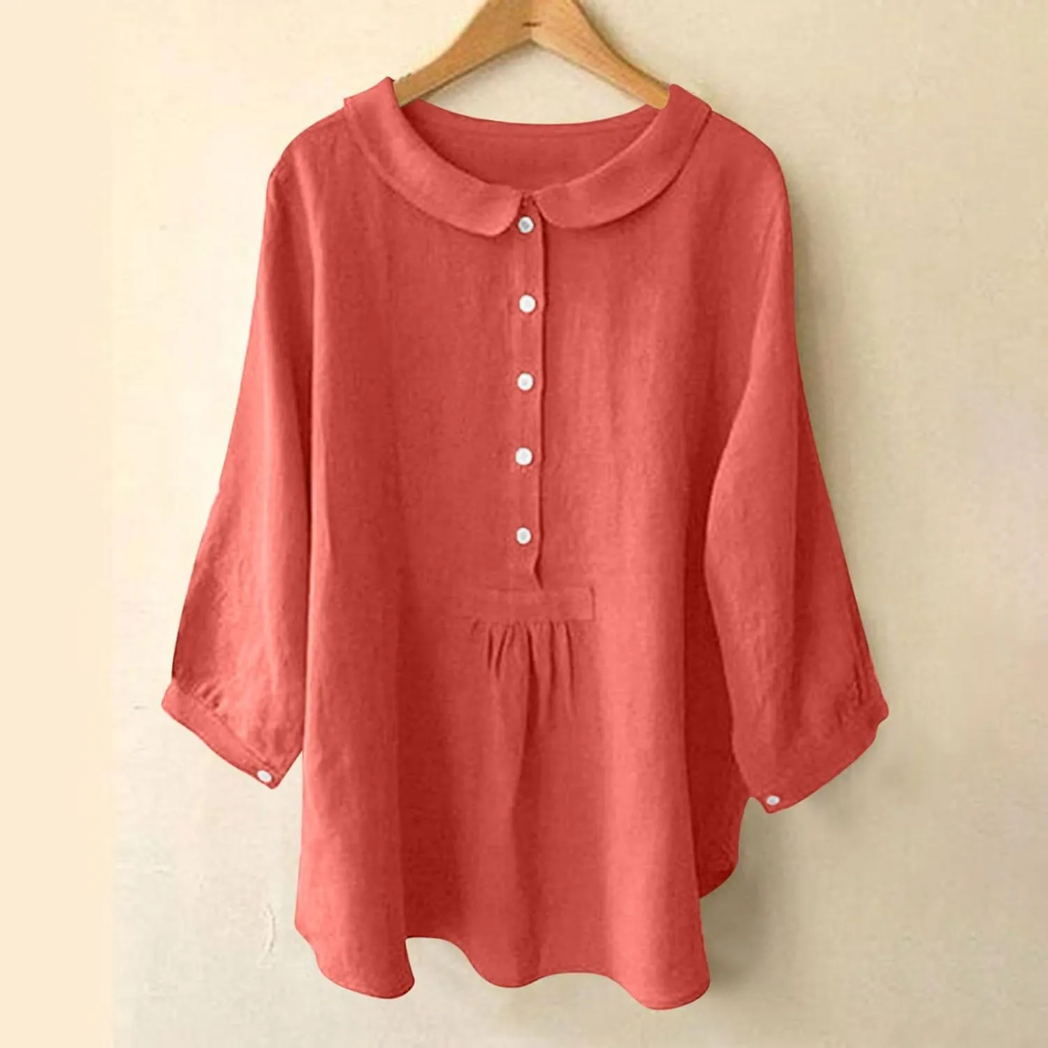 Womens 3/4 Sleeve Tops Button Down Crewneck Tunic Pullover Fashion Oversized Flowy Hem T-Shirts Cotton Linen Tees