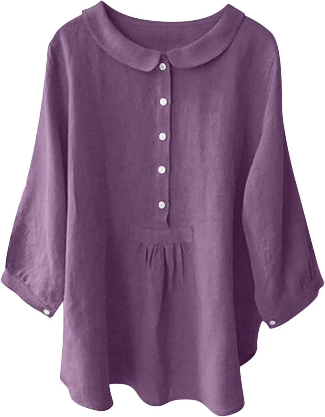 Womens 3/4 Sleeve Tops Button Down Crewneck Tunic Pullover Fashion Oversized Flowy Hem T-Shirts Cotton Linen Tees