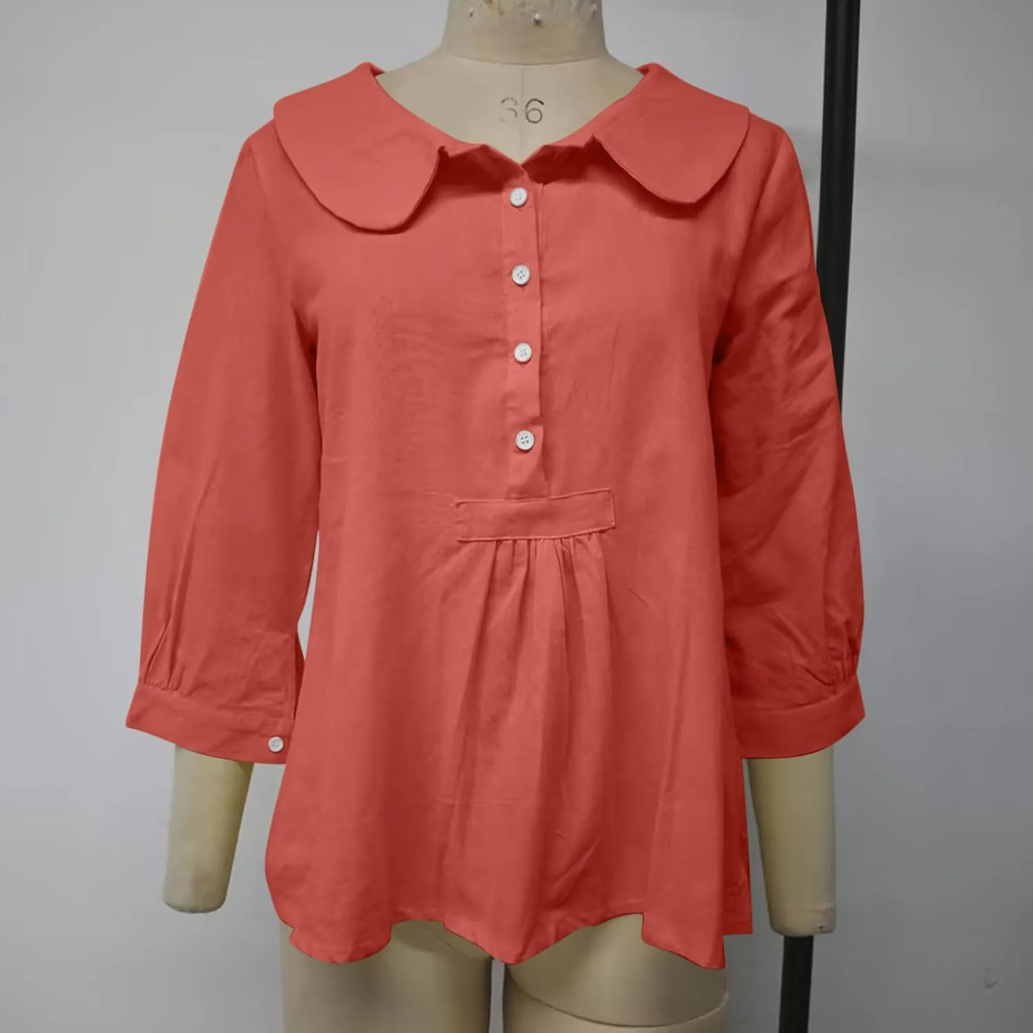 Womens 3/4 Sleeve Tops Button Down Crewneck Tunic Pullover Fashion Oversized Flowy Hem T-Shirts Cotton Linen Tees