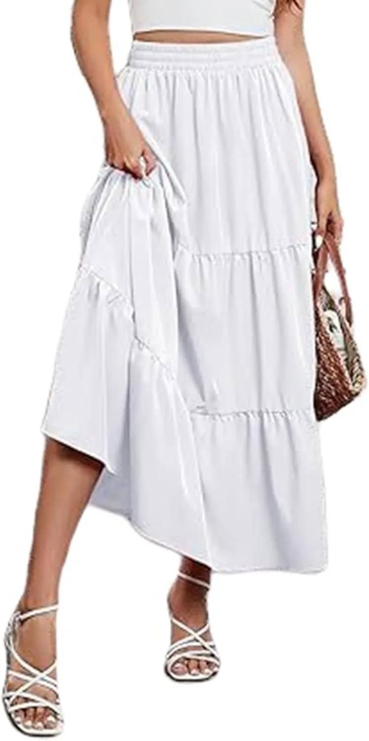 Womens Boho Bohemian Flowy Midi Long Short Summer Skirts High Waist A Line Ruffle Swing Maxi Skirts Long Beach Dress
