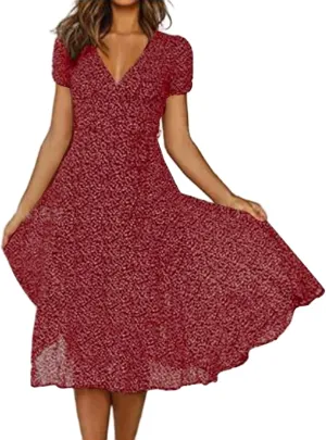 Womens Boho Dresses Summer Flowy V Neck Puff Short Sleeve Midi Dress Trendy Color Block Floral Smocked Beach Dress