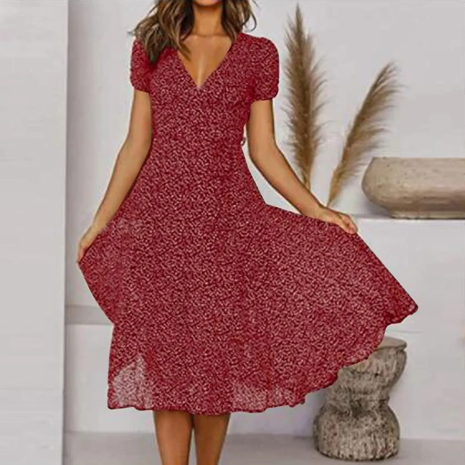 Womens Boho Dresses Summer Flowy V Neck Puff Short Sleeve Midi Dress Trendy Color Block Floral Smocked Beach Dress