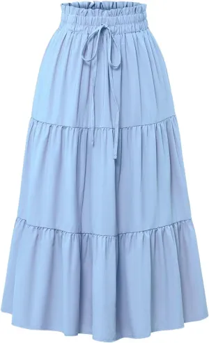 Women’s Boho Elastic High Waist Pleated A-Line Flowy Swing Tiered Maxi Long Skirt Dress with Pockets