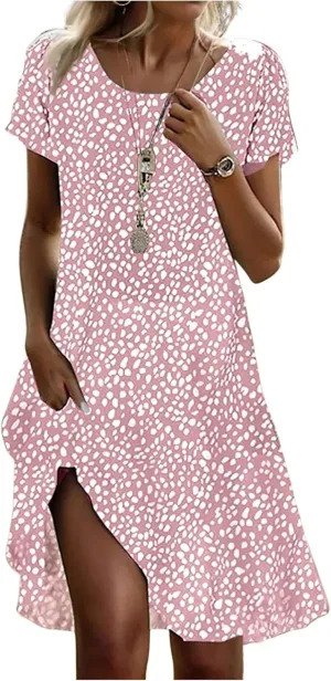 Women's Boho Floral Print Short Sleeve Dress Bohemian Summer Vacation Casual Loose Swing Midi Dresses with Pockets