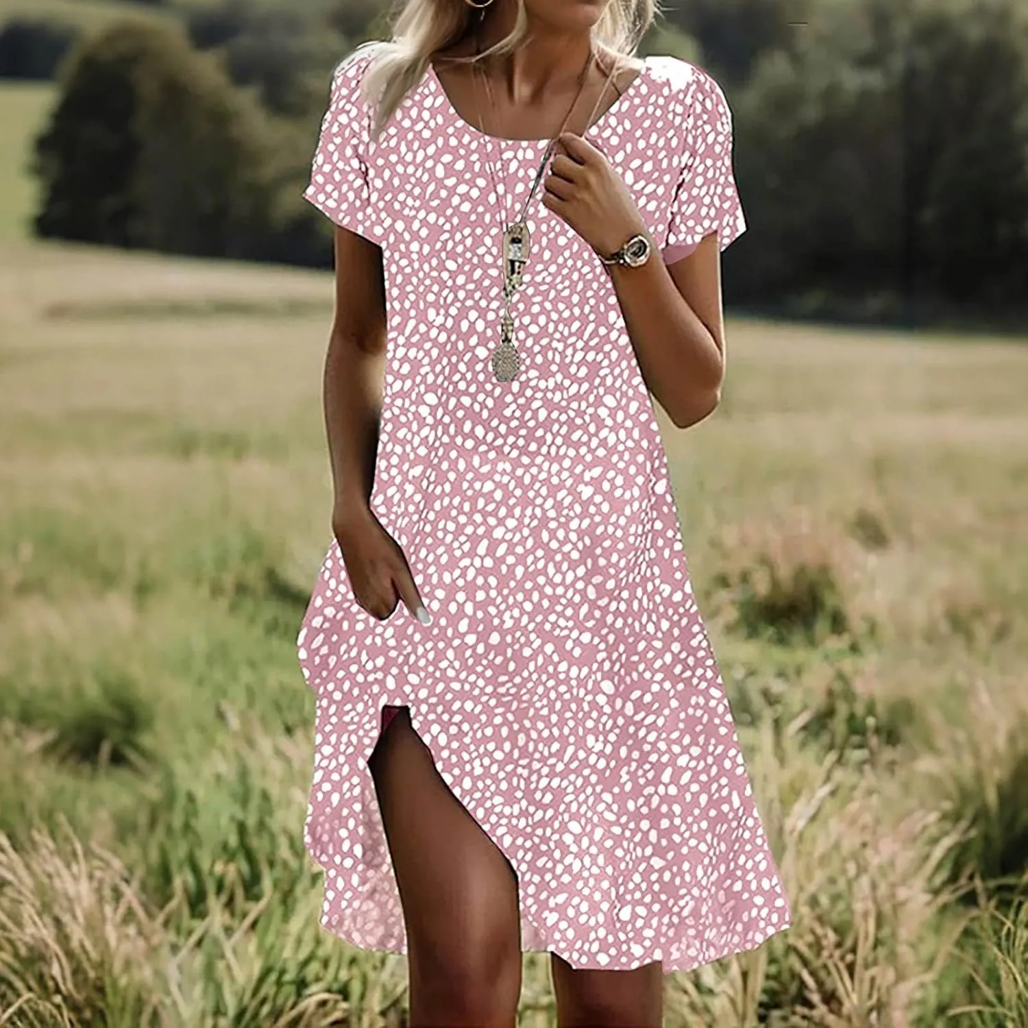 Women's Boho Floral Print Short Sleeve Dress Bohemian Summer Vacation Casual Loose Swing Midi Dresses with Pockets