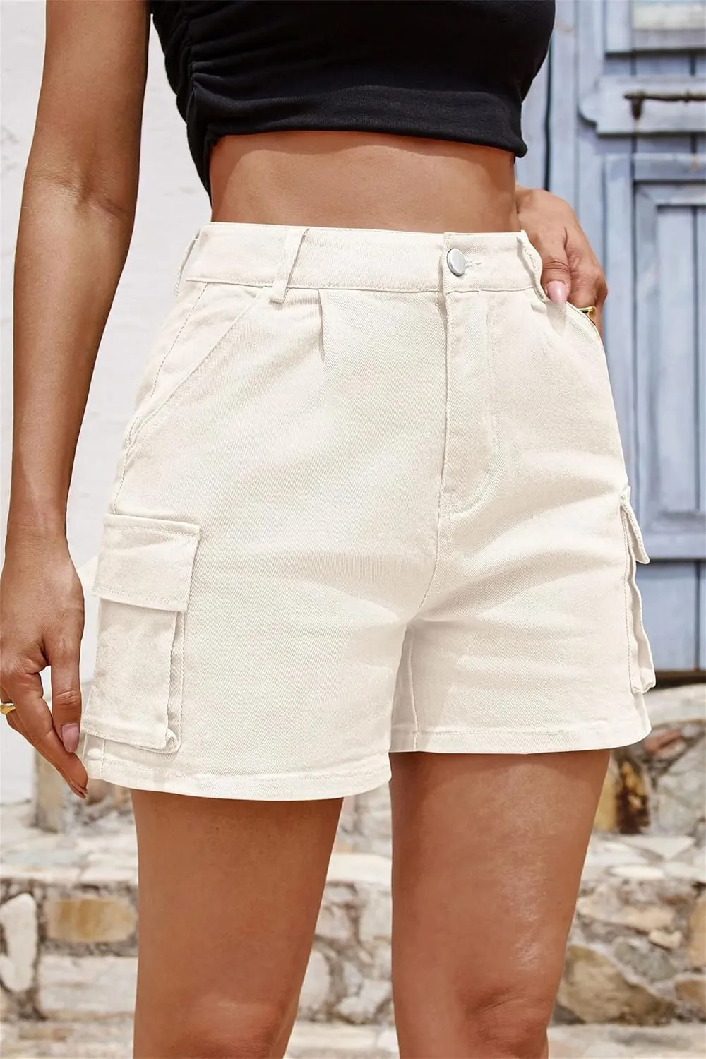 Womens Cargo Shorts Summer Casual Jeans Denim Shorts Trendy High-Waisted Cotton Denim Shorts with Pockets, Mini Denim Shorts