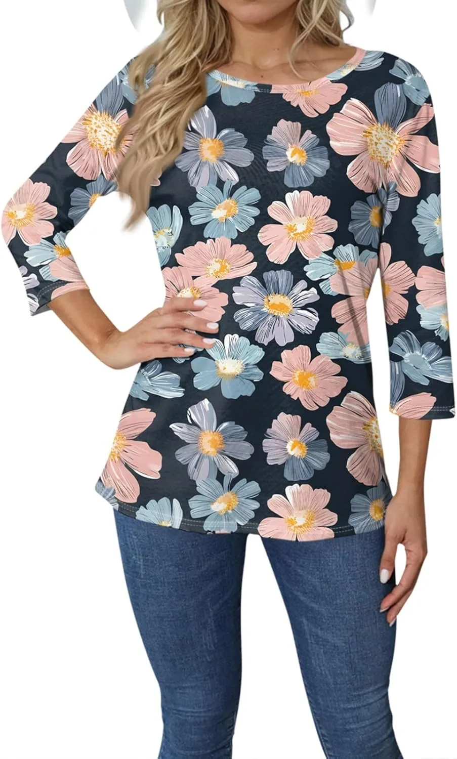 Women's Casual 3/4 Sleeve T-Shirts Round Neck Cute Tunic Tops Basic Tees Blouses Summer Fashion Tee Top