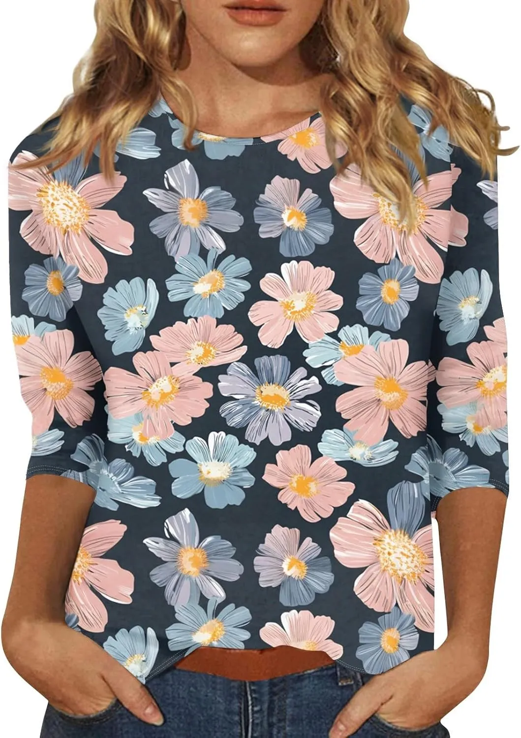 Women's Casual 3/4 Sleeve T-Shirts Round Neck Cute Tunic Tops Basic Tees Blouses Summer Fashion Tee Top