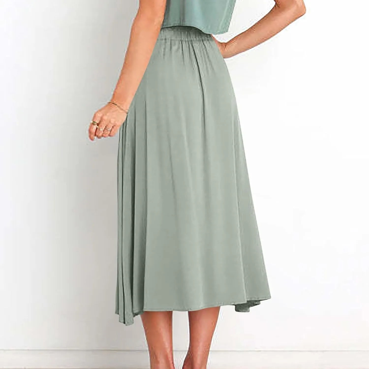 Womens Casual Front Button Skirts 2025 Summer Outfit Flowy Beach Skirts for Women Elastic High Waisted Midi Skirt