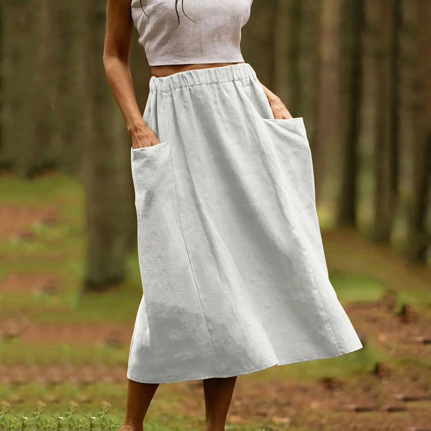 Women's Casual Linen Skirts Elastic Waist Midi Skirts A Line Pleated Skirts with Pockets Beach Flowy Boho Skirts