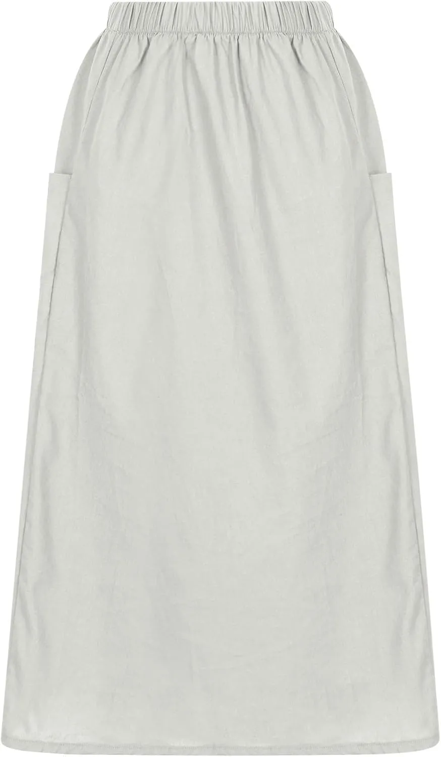 Women's Casual Linen Skirts Elastic Waist Midi Skirts A Line Pleated Skirts with Pockets Beach Flowy Boho Skirts
