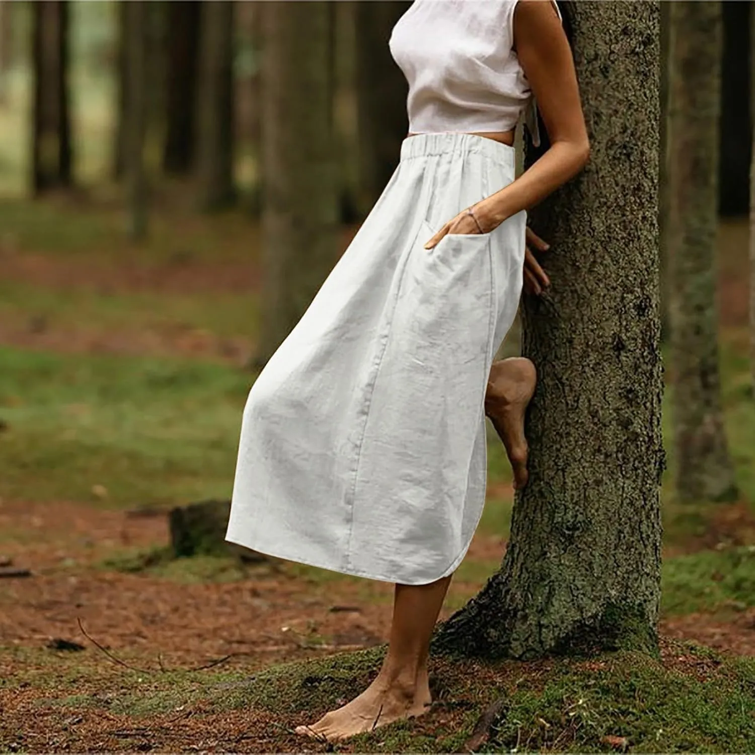 Women's Casual Linen Skirts Elastic Waist Midi Skirts A Line Pleated Skirts with Pockets Beach Flowy Boho Skirts