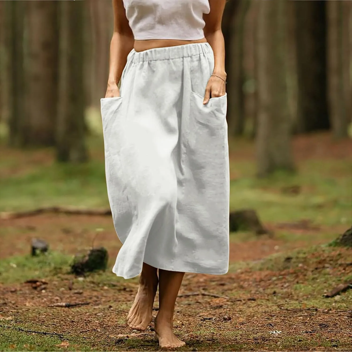 Women's Casual Linen Skirts Elastic Waist Midi Skirts A Line Pleated Skirts with Pockets Beach Flowy Boho Skirts