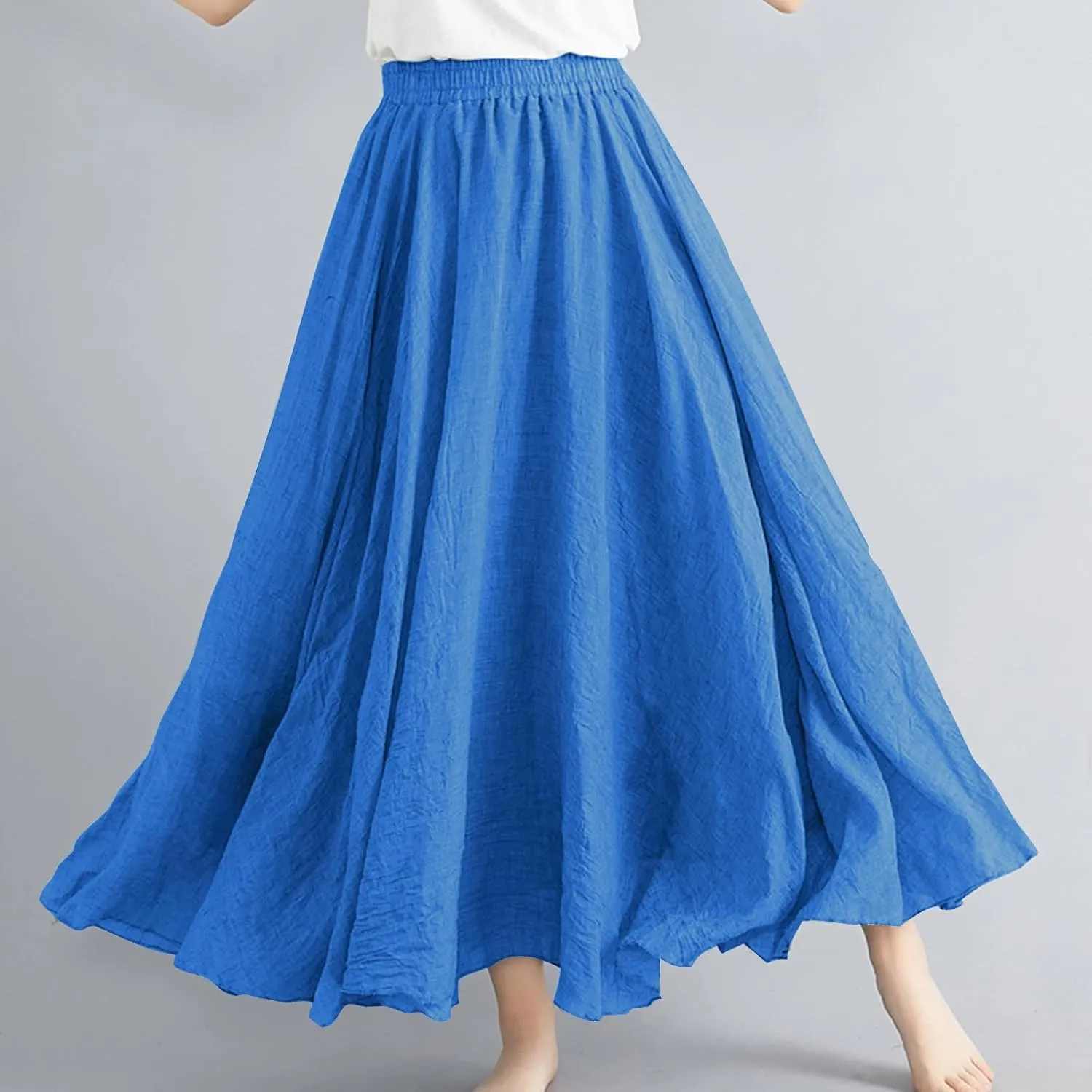 Womens Casual Linen Skirts Summer Loose Flowy Long Skirt Solid Color Elastic Waist Beach Vacation Maxi Skirts