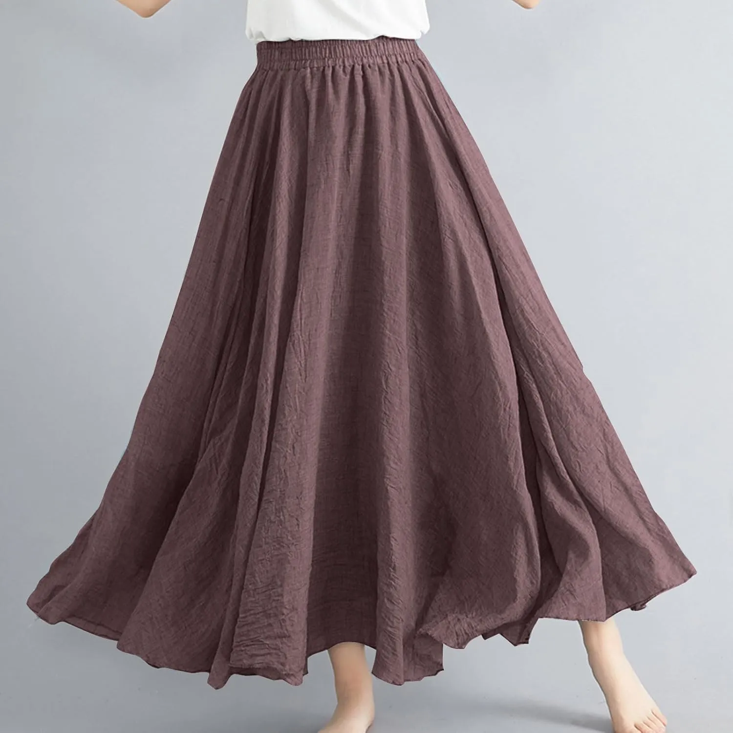 Womens Casual Linen Skirts Summer Loose Flowy Long Skirt Solid Color Elastic Waist Beach Vacation Maxi Skirts