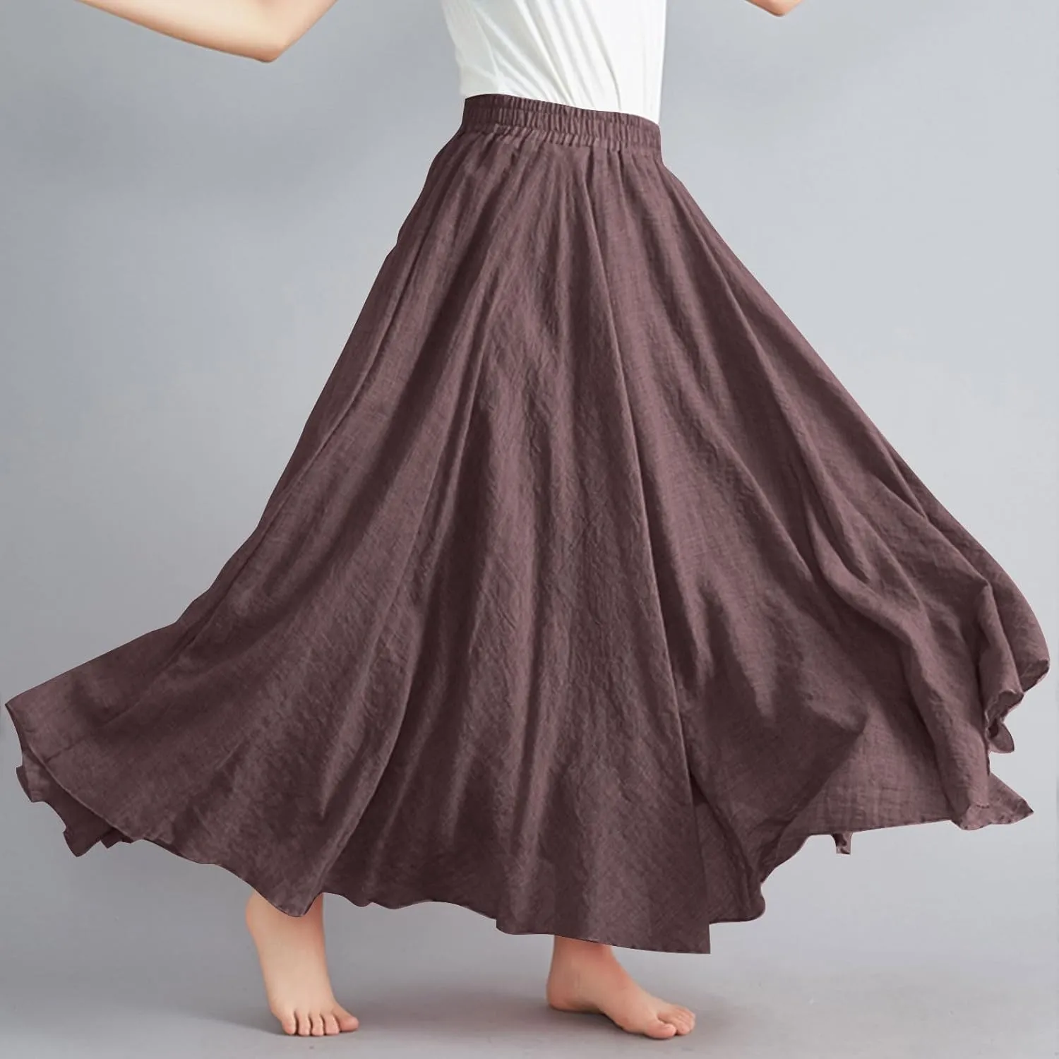 Womens Casual Linen Skirts Summer Loose Flowy Long Skirt Solid Color Elastic Waist Beach Vacation Maxi Skirts