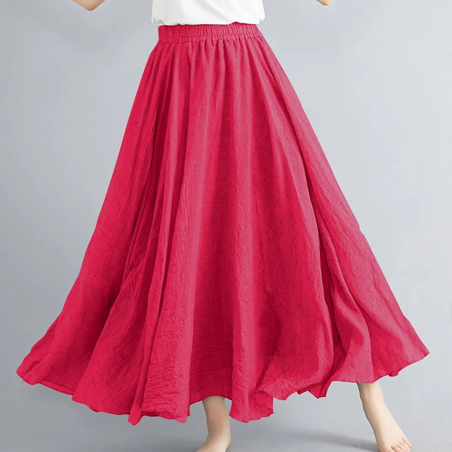 Womens Casual Linen Skirts Summer Loose Flowy Long Skirt Solid Color Elastic Waist Beach Vacation Maxi Skirts