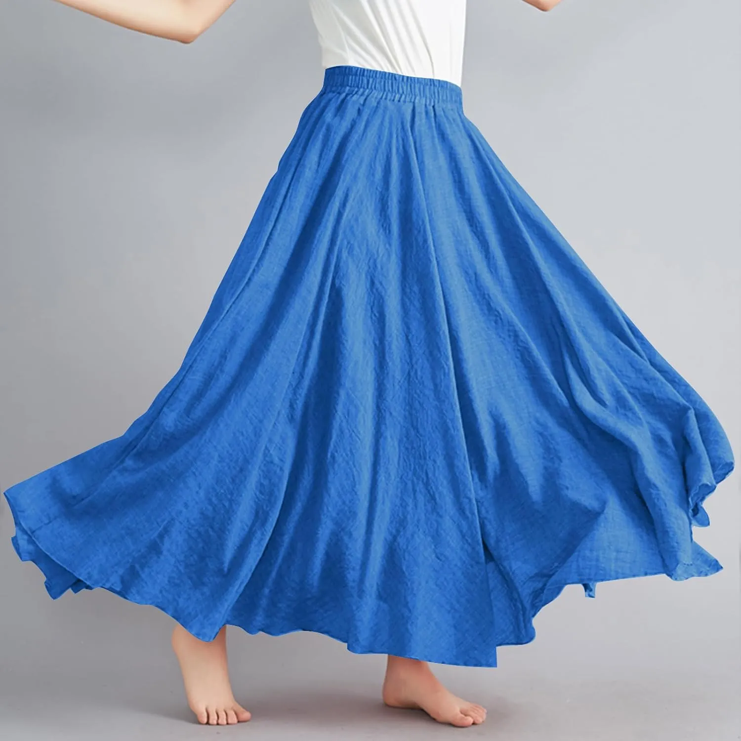 Womens Casual Linen Skirts Summer Loose Flowy Long Skirt Solid Color Elastic Waist Beach Vacation Maxi Skirts