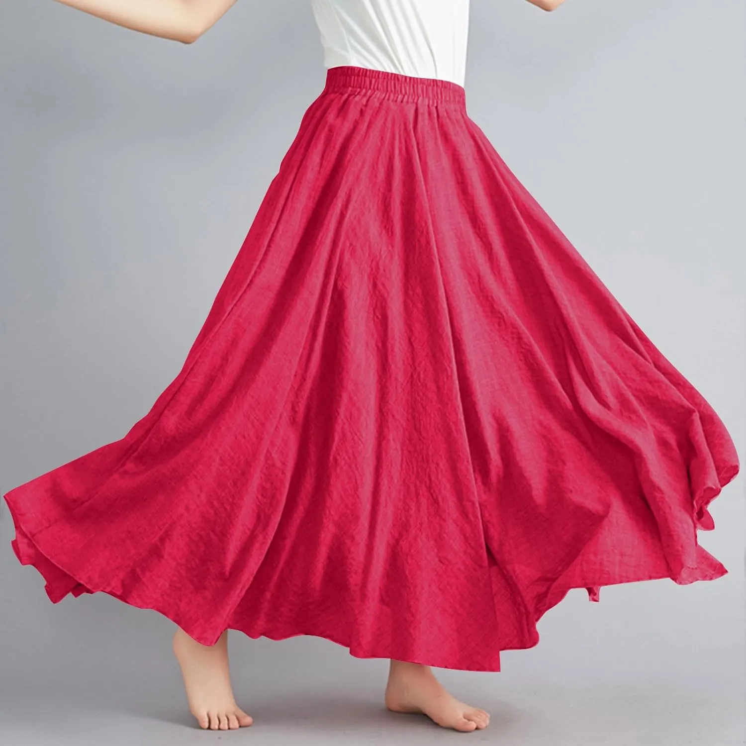 Womens Casual Linen Skirts Summer Loose Flowy Long Skirt Solid Color Elastic Waist Beach Vacation Maxi Skirts