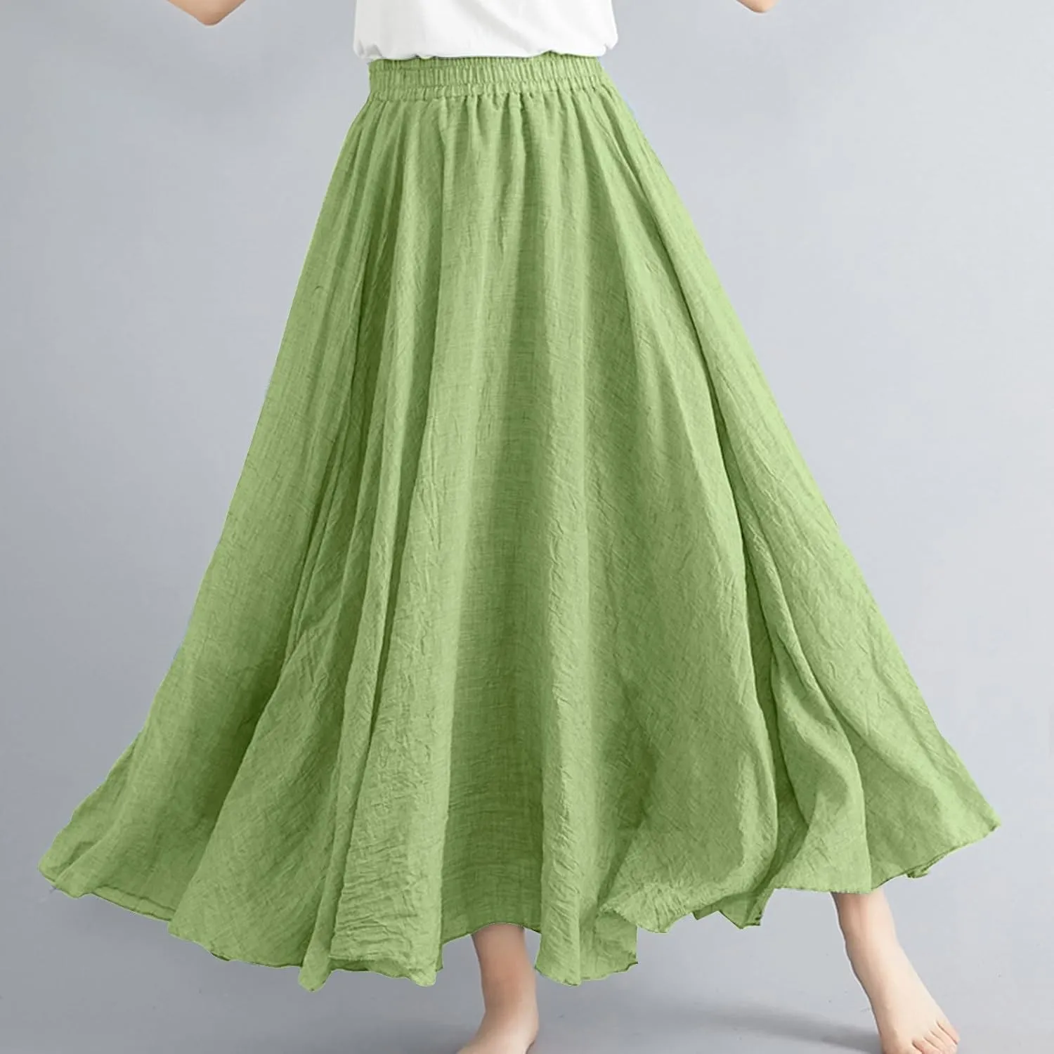 Womens Casual Linen Skirts Summer Loose Flowy Long Skirt Solid Color Elastic Waist Beach Vacation Maxi Skirts