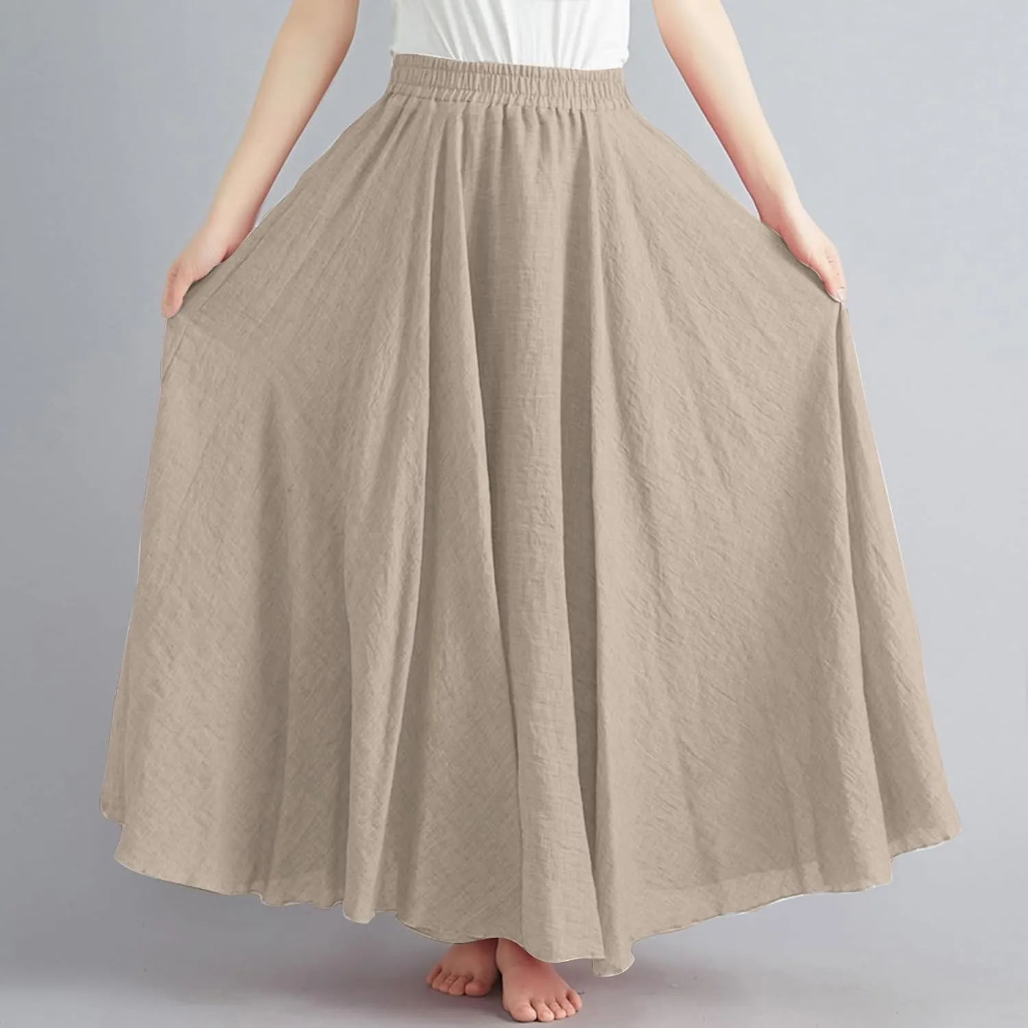 Womens Casual Linen Skirts Summer Loose Flowy Long Skirt Solid Color Elastic Waist Beach Vacation Maxi Skirts