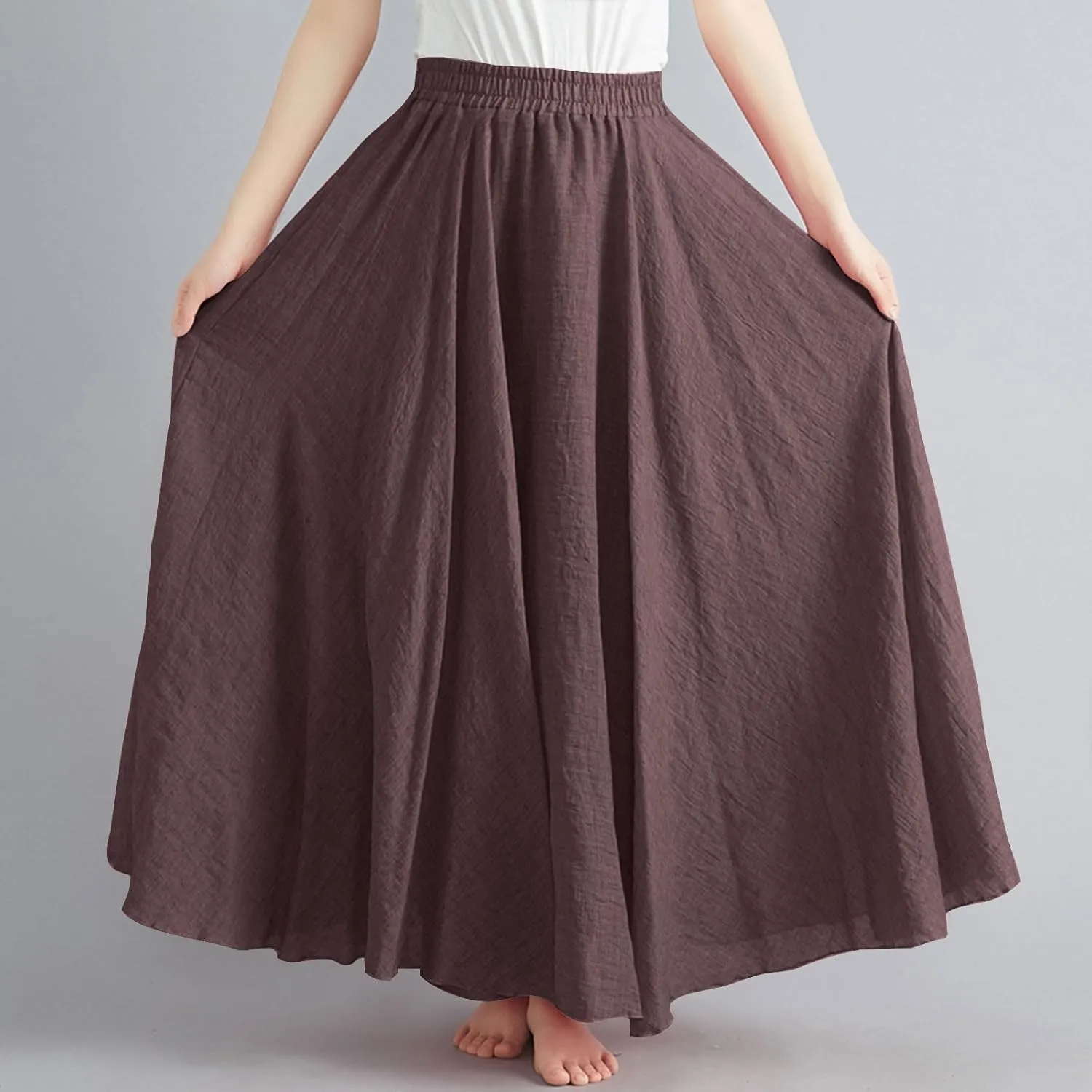 Womens Casual Linen Skirts Summer Loose Flowy Long Skirt Solid Color Elastic Waist Beach Vacation Maxi Skirts